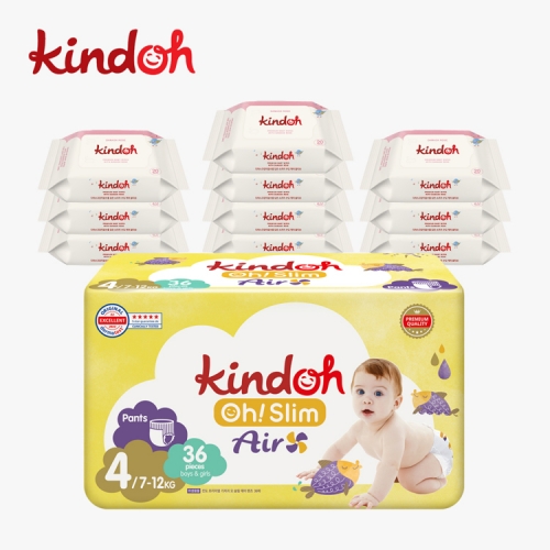 [킨도] 오슬림 에어 팬티형 기저귀 4단계 4팩 + 프리미엄 물티슈 레드 휴대용 20매*20팩