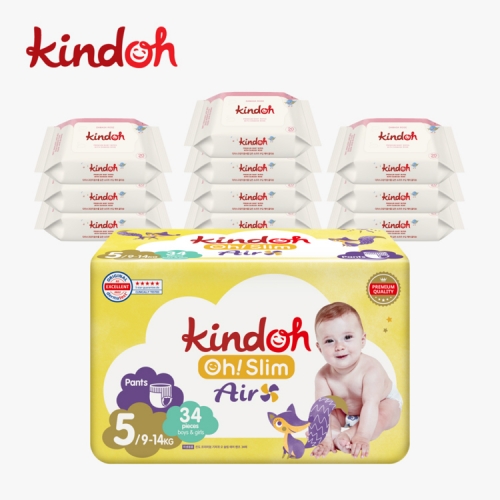 [킨도] 오슬림 에어 팬티형 기저귀 5단계 4팩 + 프리미엄 물티슈 레드 휴대용 20매*20팩